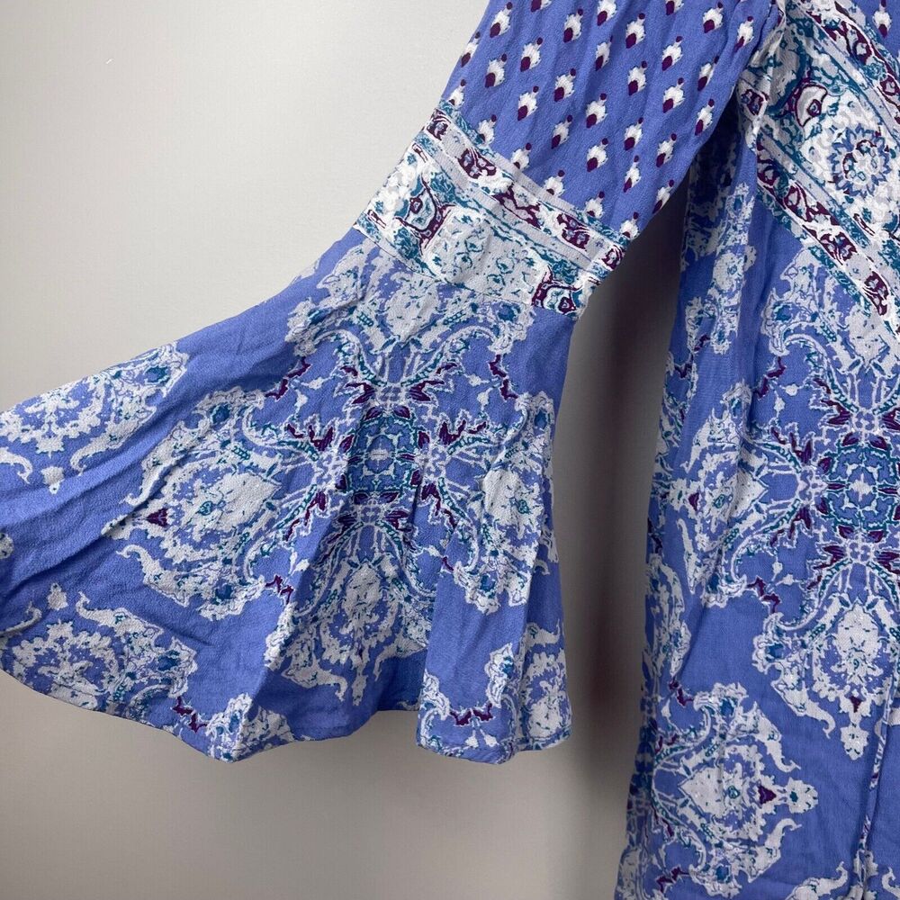 Free People Top Women Small Blue Boho Magic Mystery Bell Sleeve Tunic Peasant - Picture 7 of 11